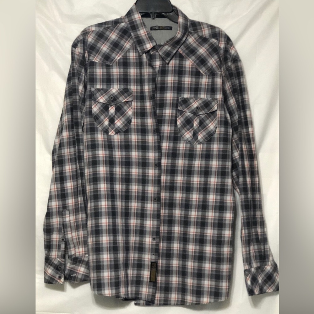 One 91 one red, white, grays plaid long sleeve button down shirt mens 2x